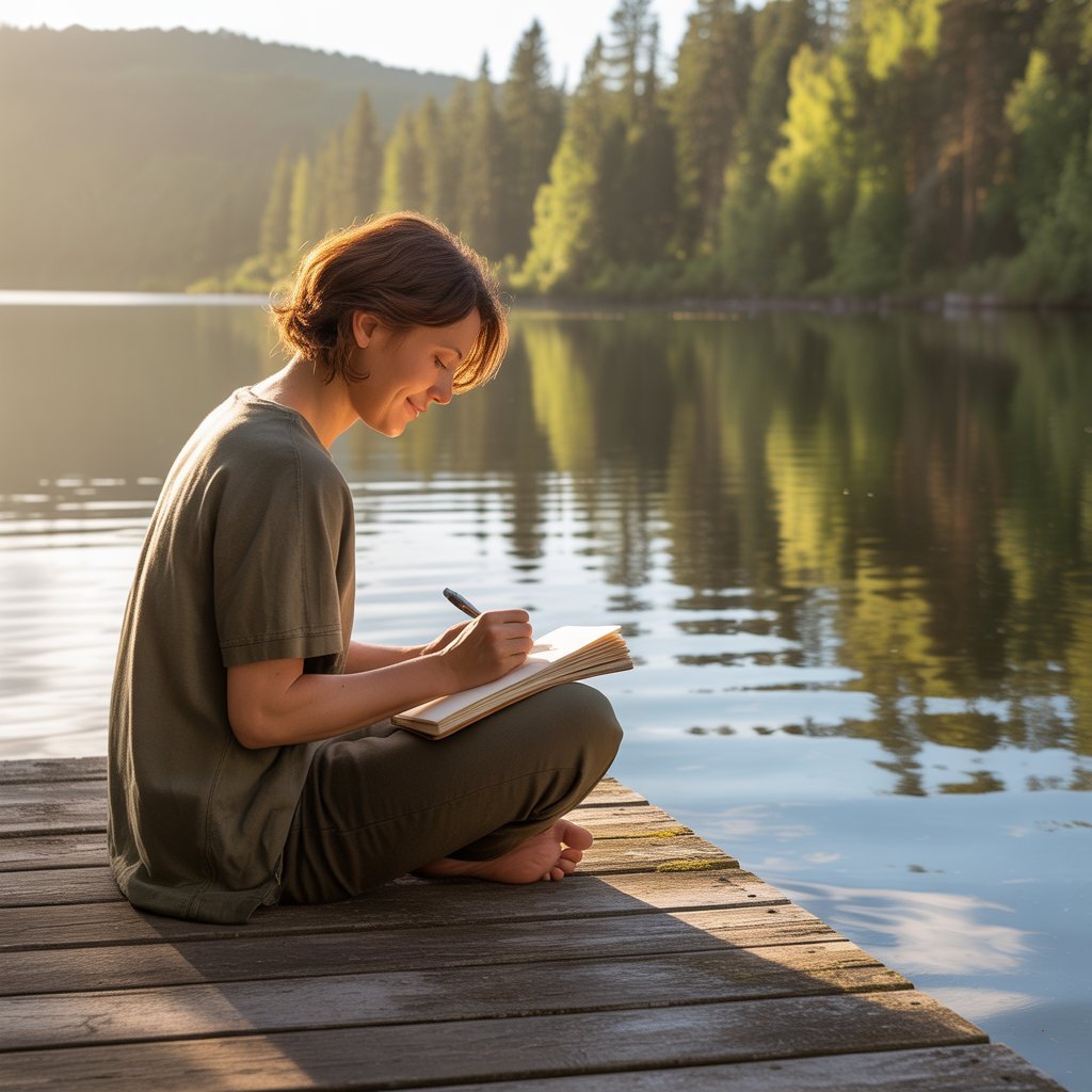 Person meditating by a sunny window with a notebook and coffee, starting the day positively."