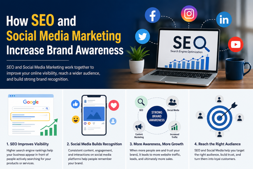 Infographic showing how SEO and social media marketing increase brand awareness, featuring a laptop with SEO analytics, social media icons, search engine visibility, audience engagement, and business growth strategies.