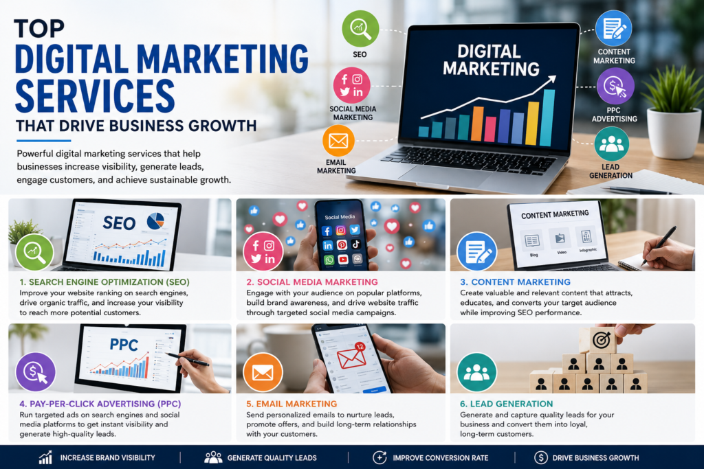 "Top Digital Marketing Services for business growth including SEO, social media marketing, PPC, content marketing, email marketing, and lead generation."