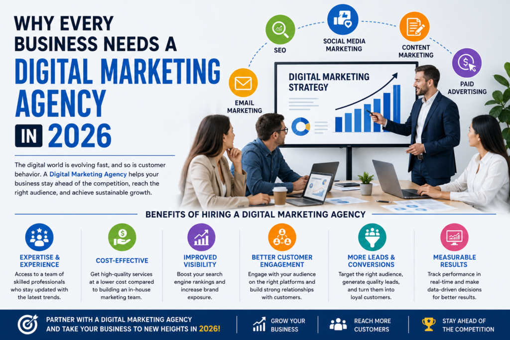 "Digital marketing agency helping businesses grow through SEO, social media marketing, and online advertising in 2026."